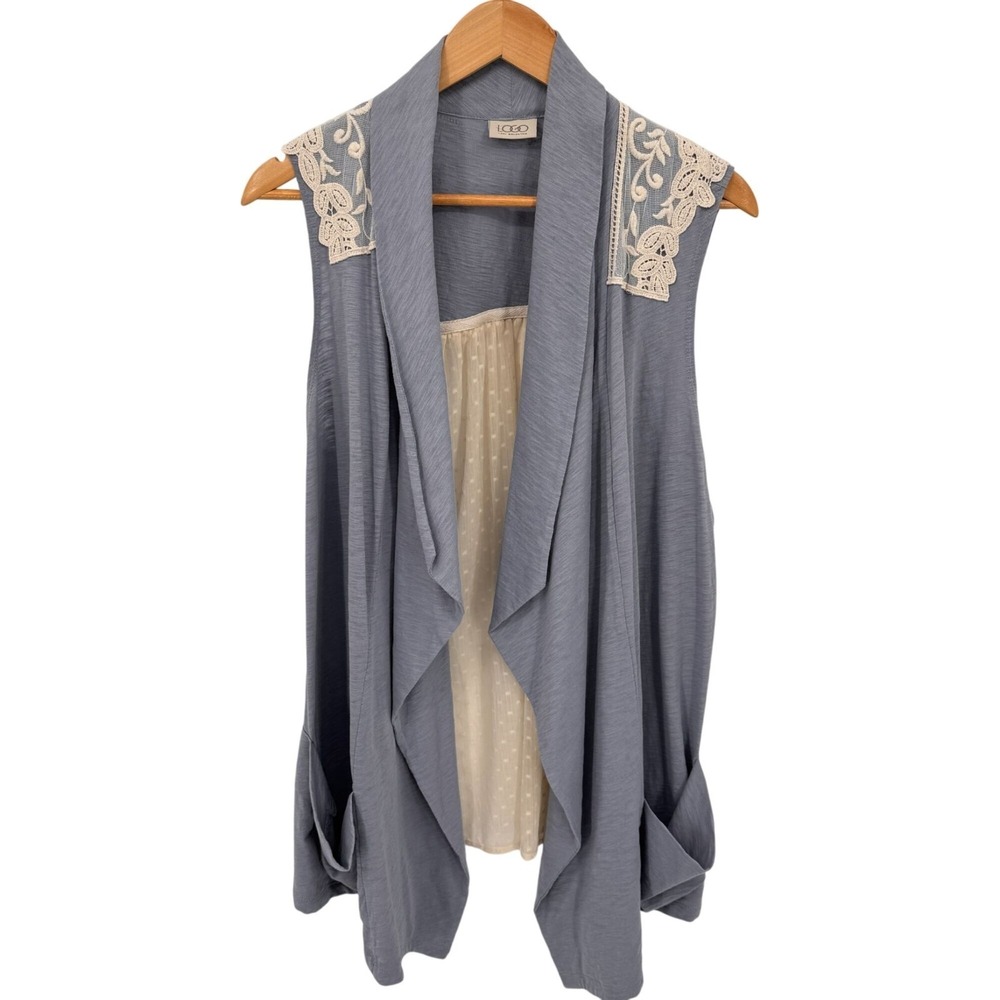 LOGO Cardigan Vest Womens XL Blue Cotton Cream Swiss Dot Lace Trim Romantic - Picture 2 of 10